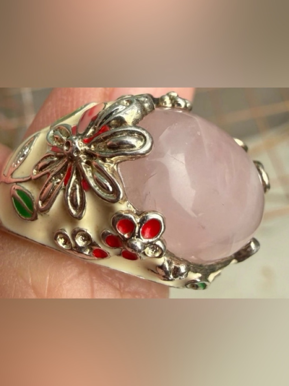 David Sigal 925 Sterling Silver Rose Quartz Cloisonné Enamel Dragonfly Ring 9.5